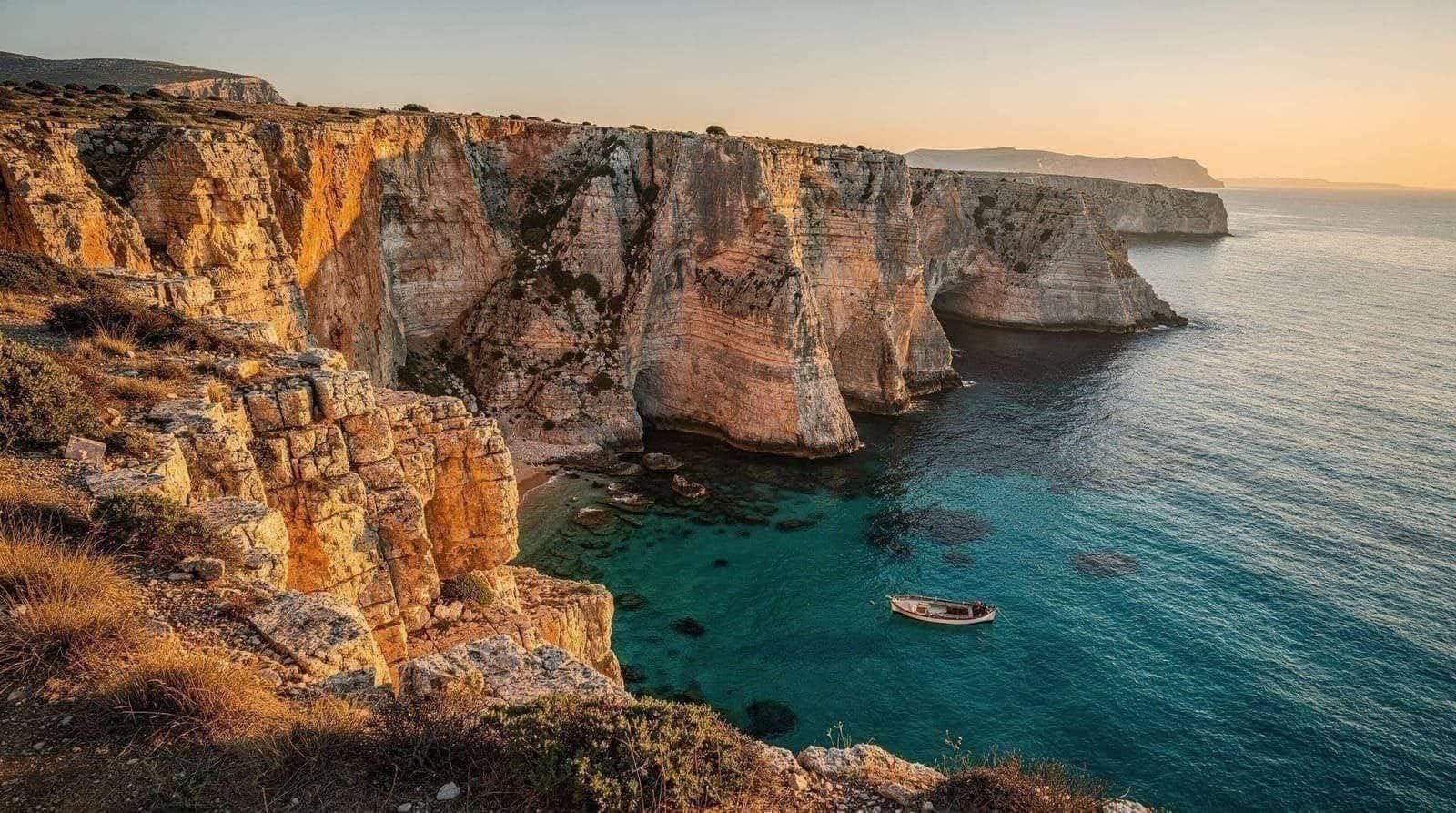 A small boat entering a limestone cove in the Gulf of Orosei, seen from the water